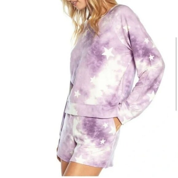 Wildfox Other - NWT Wildfox 2pc Lounge PJ Set Tie Dye Purple Stars Sweatshirt Shorts XL 18 20